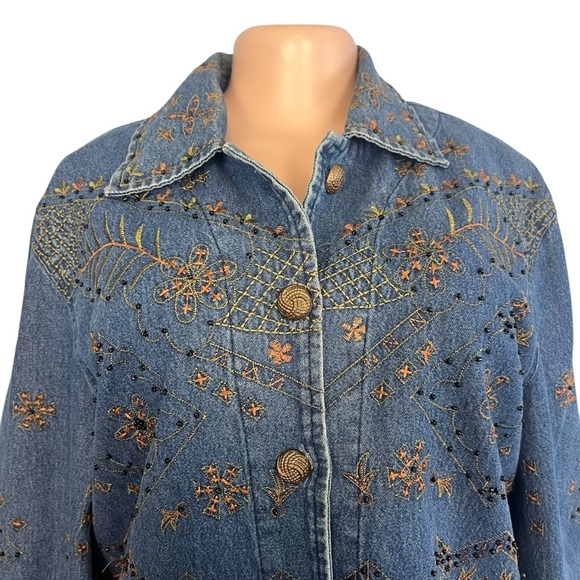 New Direction Vintage Denim Jacket Blue Embroidered Flowers Button Up - Picture 4 of 10